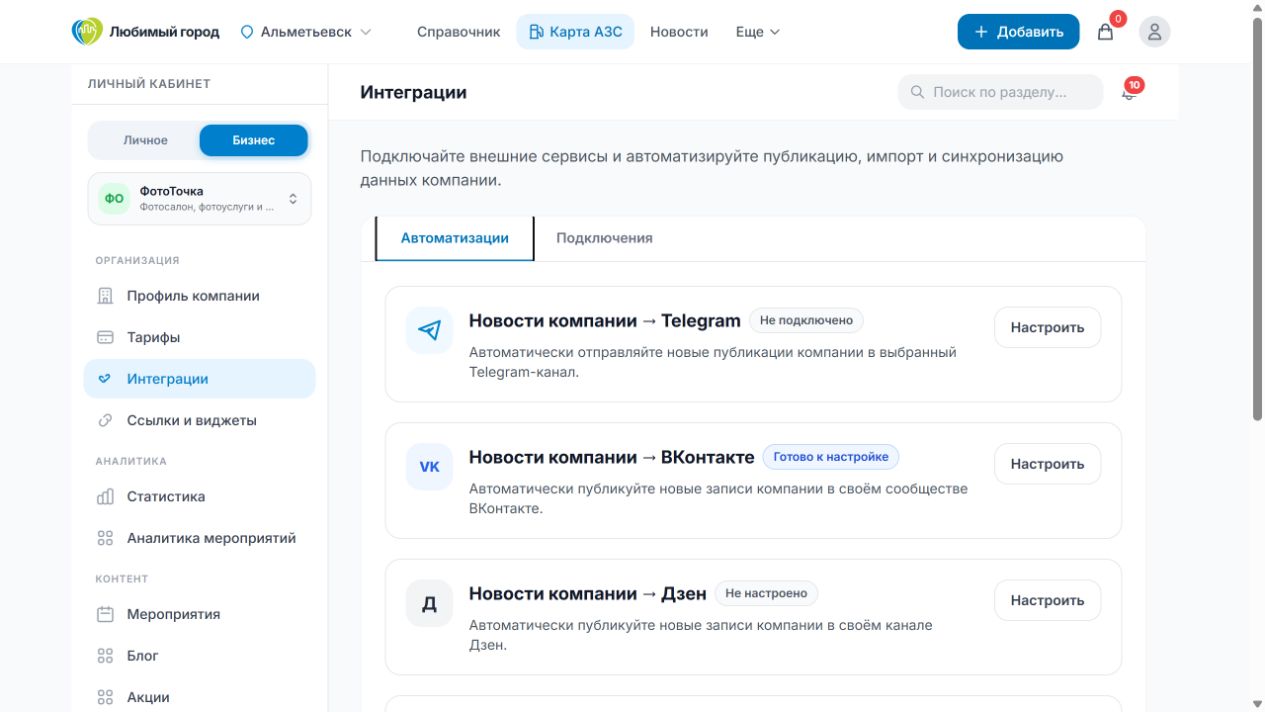 Раздел «Интеграции»
